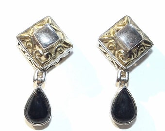 Sterling Obsidian Pierced Earrings - Vintage Ornate Post Style With Openwork Top Holding Obsidian Dangles