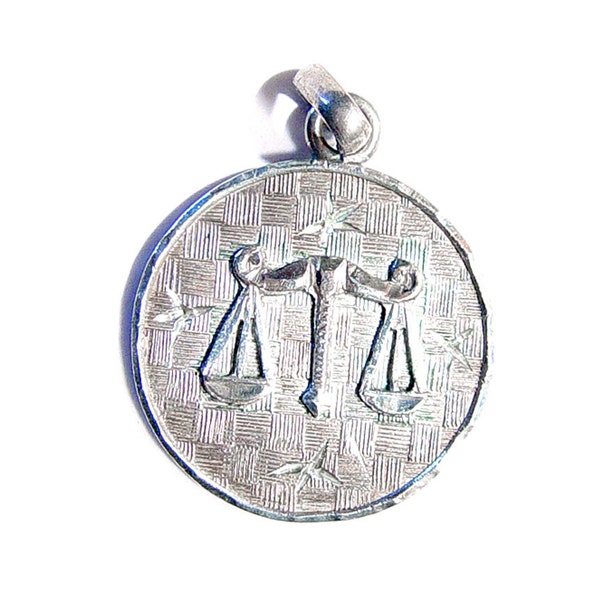 Sterling  Silver Libra Charm - Vintage Sterling by Monroy in Mexico - Zodiac Astrology Pendant - Raised Scales on a Textured Background