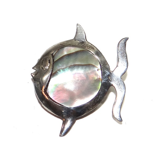 Sterling Abalone Fish Brooch - Vintage Silver Fish with Abalone Belly - Deep Patina and Rich Hued Abalone - Signed Air Eagle 3 Mexico