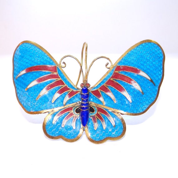 Blue Enamel Butterfly - Plique a Jour Enamel - Vi… - image 1