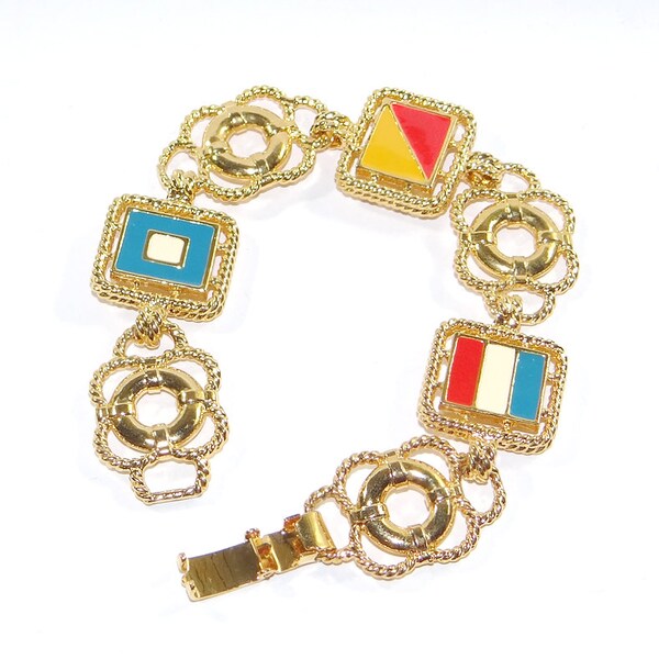 Nautical Flags Bracelet - Vintage Gold Tone Links - Life Preserver Links Between Flags