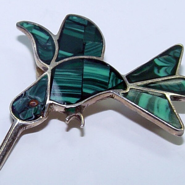 Sterling Silver and Malachite Hummingbird Brooch - Mexico