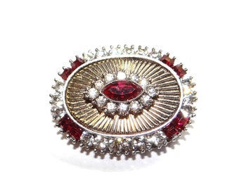 Sterling Vermeil Oval Brooch - Vintage Gold Plated Silver with Ruby Red and Clear Rhinestone Center and Rim Pin - Exceptional Flash