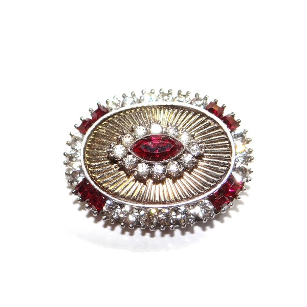 Sterling Vermeil Oval Brooch - Vintage Gold Plated Silver with Ruby Red and Clear Rhinestone Center and Rim Pin - Exceptional Flash