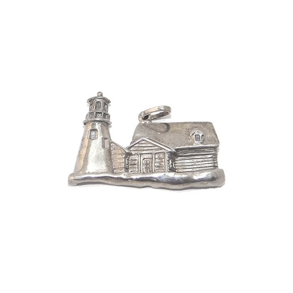 Sterling Lighthouse Pendant - Vintage Large Silver Lighthouse - Detailed Light House & Keeper's Cottage - New England Style Lighthouse