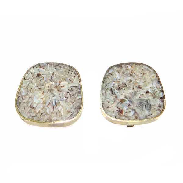 Celia Sebiri Stone Earrings - Vintage Signed Celia Sebiri Clip-on Earrings with Crushed Stone Inlaid into Brass Frames