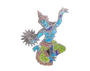 Sterling Siam Enamel Brooch - Vintage Blue Enamel Brooch - Siamese Lightning God Pin - Blue Siam Dancer Brooch - Siamese Jewelry Collector