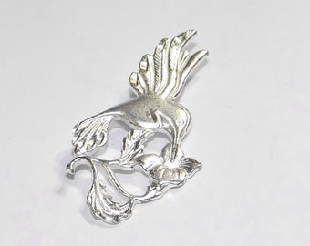 Sterling Hummingbird Pendant - Vintage Bird Dining on Flower - Satin Finish with Bright Cut Accents