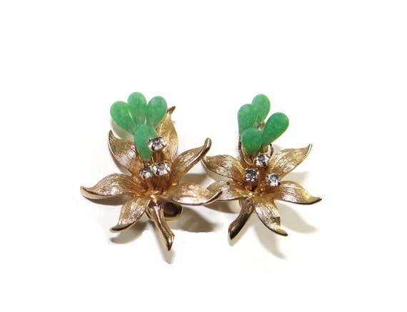 Gold & Green Orchid Earrings - Vintage Green Art … - image 2