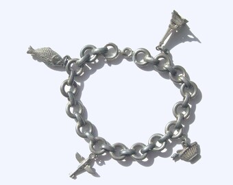 Heavy Sterling Charm Bracelet - Rare 1940's War Era Soldered Links  - Vintage Bar and Ring Style -  Holds 4 WWII Period Detailed  Charms