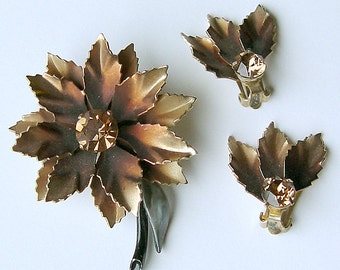 Coro Copper Tone Set - Brooch & Earrings Demi  - Vintage Copper Toned Flower with Rhinestone Centers