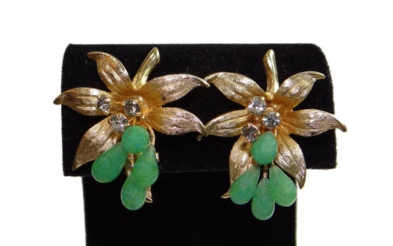 Gold & Green Orchid Earrings - Vintage Green Art … - image 1