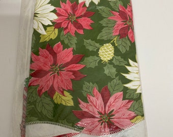 Vintage Plastic Christmas Tablecloth Red White Poinsettias Pine Cones 52" x 70"
