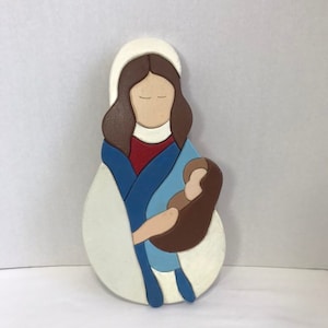 Vintage 90s Handcrafted Christmas Madonna Child Mary Jesus Wood Wall Hanging Decor 