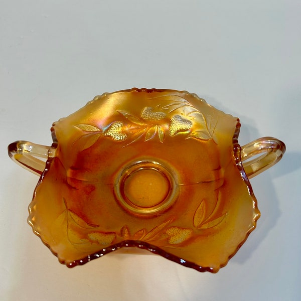 Vintage Fenton Two-Handle Strawberry Marigold Iridescent Carnival Glass Bon Bon Dish Bowl 6 1/2"