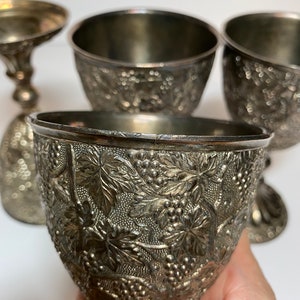 Set of Four Vintage Ornate Grapevine Heavy Wine Glasses Romantic Shabby Decor Votive Floral Holders Silver Plate?