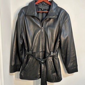 Vintage 90s JLC Women&#39;s Black Soft Leather Jacket Belt Zipper Pockets Sz L Outerwear Coat