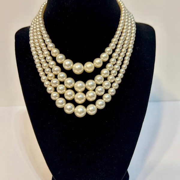 Vintage Four Strand Faux Pearl Bead Choker Necklace 11" Wedding Formal Necklace Japan