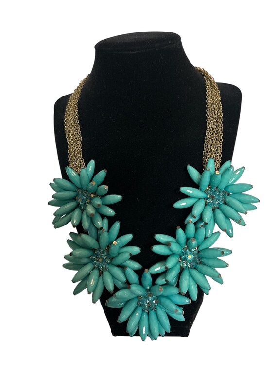Vintage Jack E Ohs NYC Faux Turquoise Statement Necklace Floral Beaded
