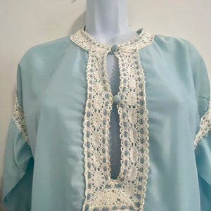 Vintage 60's Saramal Long Nightgown Blue White Crochet Trim Size 10/12 Half Sleeves