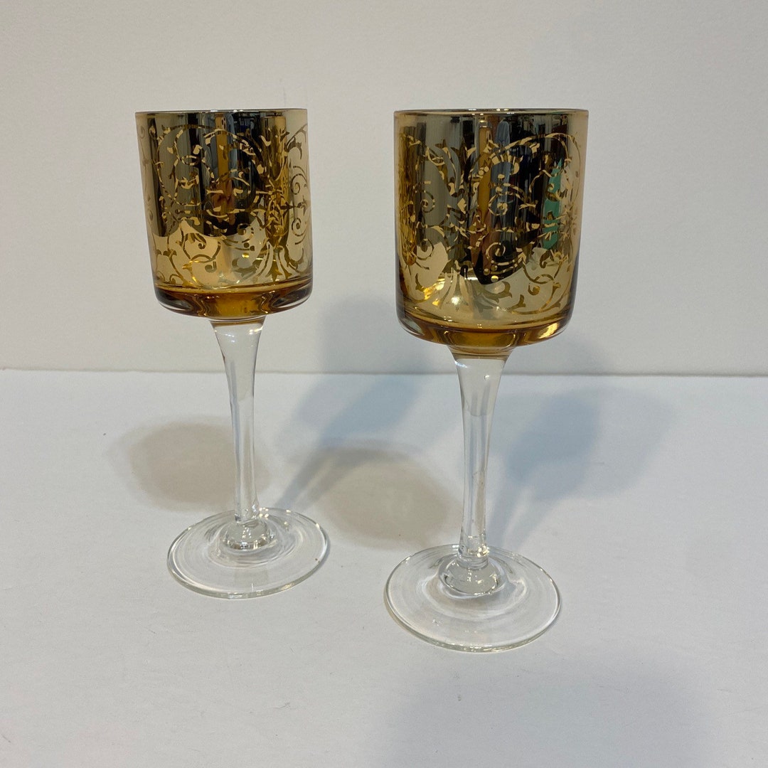Lot of 2 Vintage Gold Mercury Glass Candle Votive Holders Clear Stem