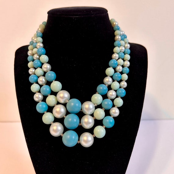 Vintage 60's Three Strand Bead Necklace Blues Aqu… - image 1