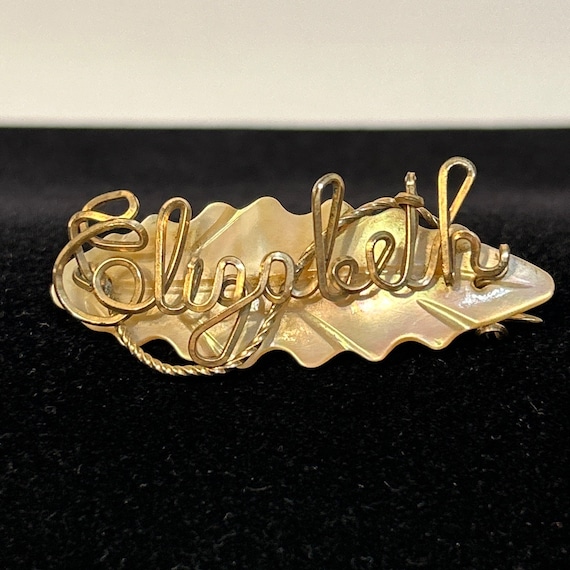 Vintage ELIZABETH Name Cursive Pin Brooch Gold To… - image 1