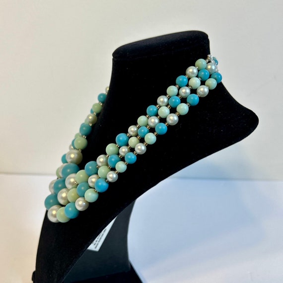 Vintage 60's Three Strand Bead Necklace Blues Aqu… - image 3
