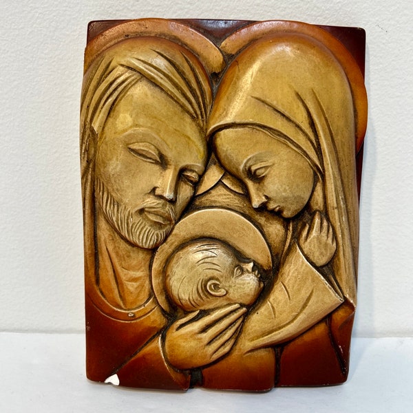 Vintage Holy Family Chalkware Raised Relief Plaque 5" x 7" Religious Christian Home Decor