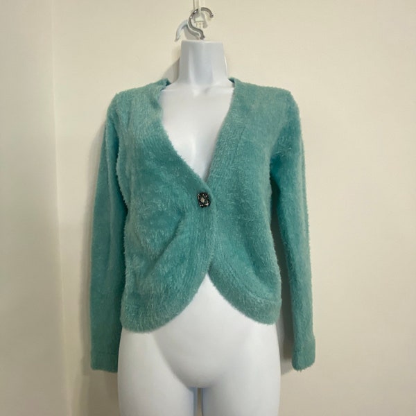 Vintage Pandemonium Aqua Cropped Fuzzy Sweater Bling Rhinestone Button Size M