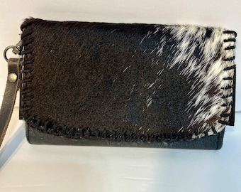 Vintage Cowhide Leather Black/Brown Wristlet Clutch Wallet 6.5" x 3.75"