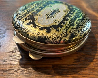 Vintage Lushus Black Gold Tone Powder Compact Sifter Screen Powder Puff