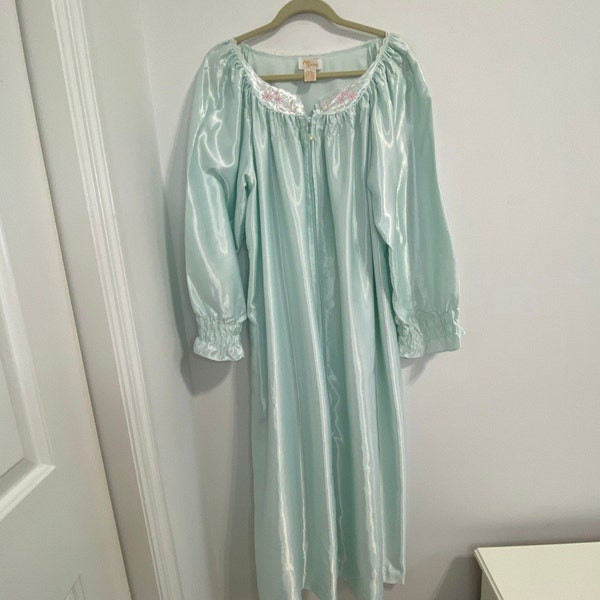 Vintage Elise Stevens Modest Chemise Long Nightgown/Robe Satin Aqua Size M L?