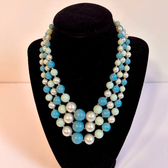 Vintage 60's Three Strand Bead Necklace Blues Aqu… - image 2