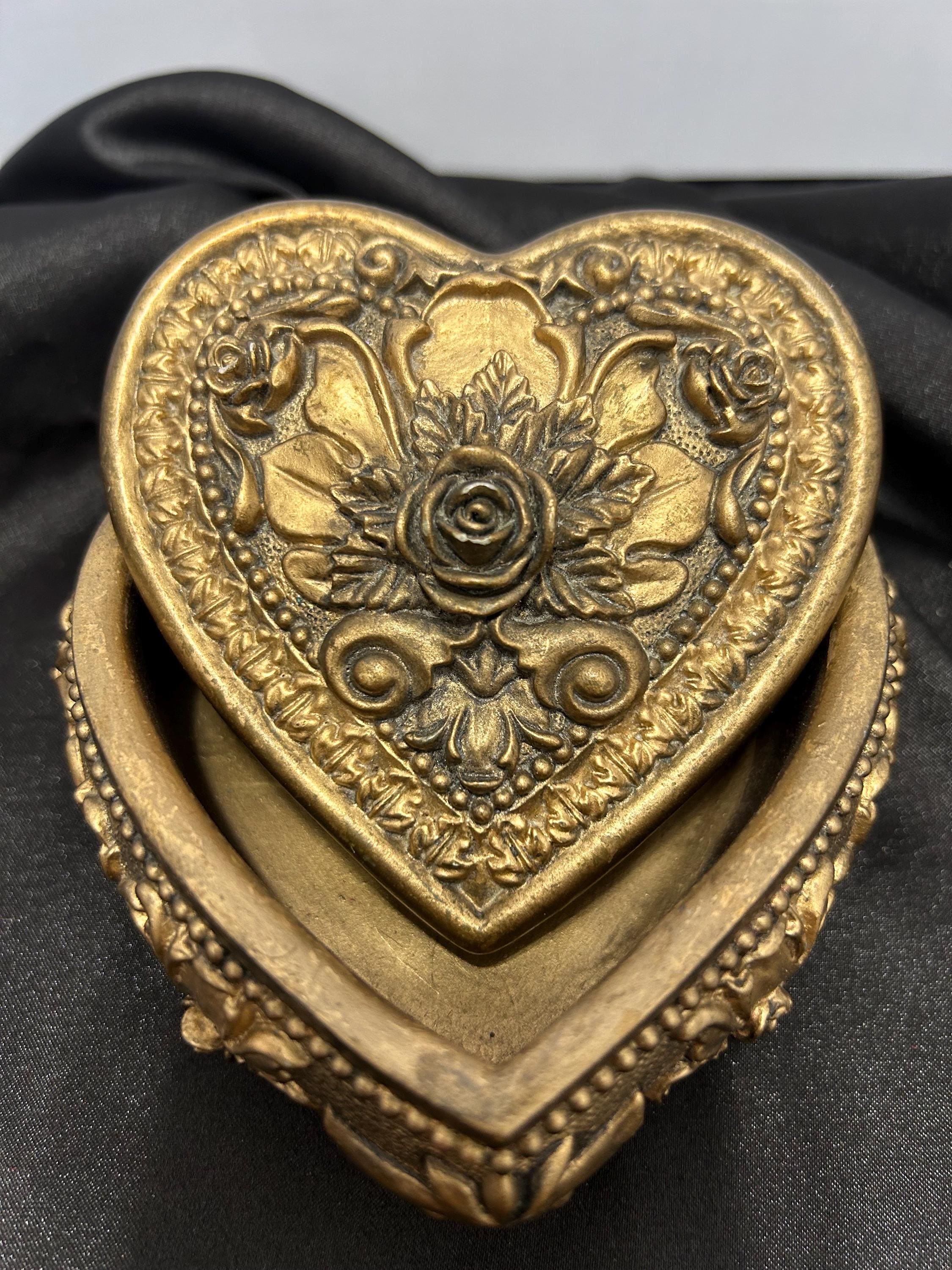 Vintage Heart Shape Trinket Jewelry Box / Gold Tone / Roses Ornate