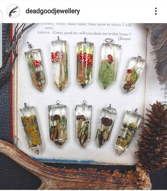 real mushroom fly agaric and moss non toxic bio resin necklace FREE UK POSTAGE