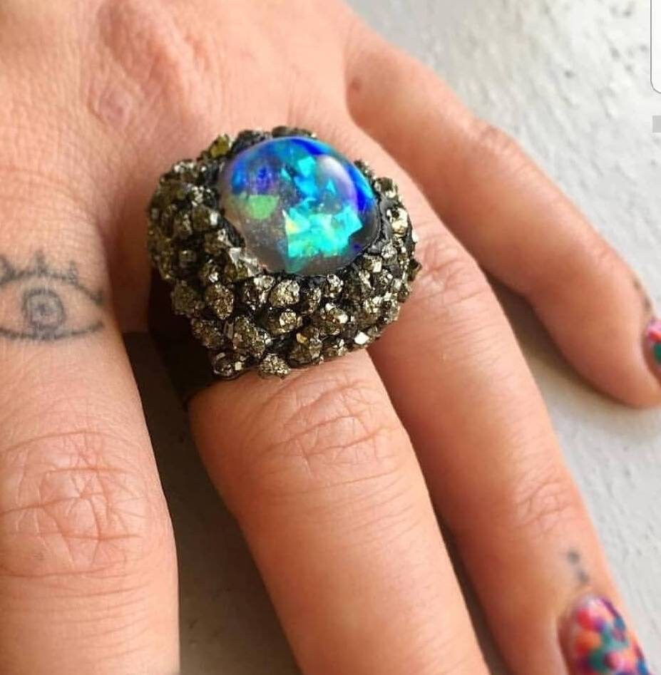 alien artefact ring opal pyrite steel resin ring handmade tiny world universe space alien chunky statement ring dead good jewellery tarot
