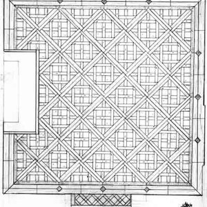 Może przedstawiać: Architektoniczny plan sufitu z wzorem kratownicy. Projekt przedstawia siatkę przecinających się drewnianych belek, tworząc wz&oacute;r w kształcie rombu. Plan jest czarno-biały, o kształcie prostokątnym i mały prostokątny fragment po lewej stronie.