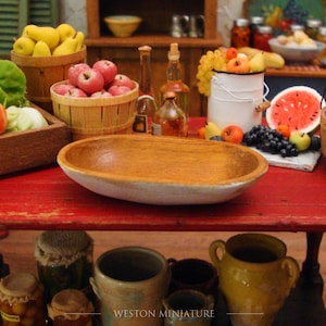 Rustic Shabby White Oval Wood Bowl 1:12 Scale Miniature Dollhouse Kitchen Accessory