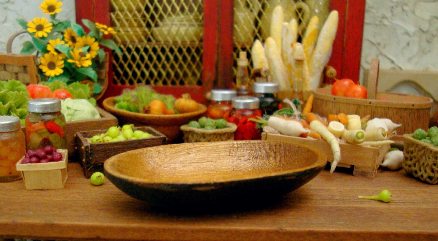 Rustic Black Bottom Oval Wood Bowl 1:12 Scale Miniature Dollhouse Kit…