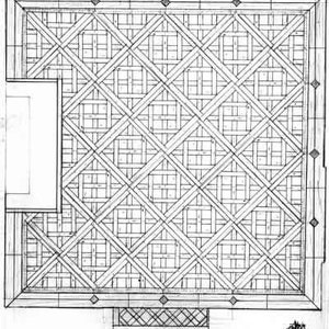 May include: Architectural blueprint of a ceiling design with a lattice pattern. The design features a grid of intersecting wooden beams, creating a diamond-shaped pattern. The blueprint is in black and white, with a rectangular shape and a small rectangular section on the left.