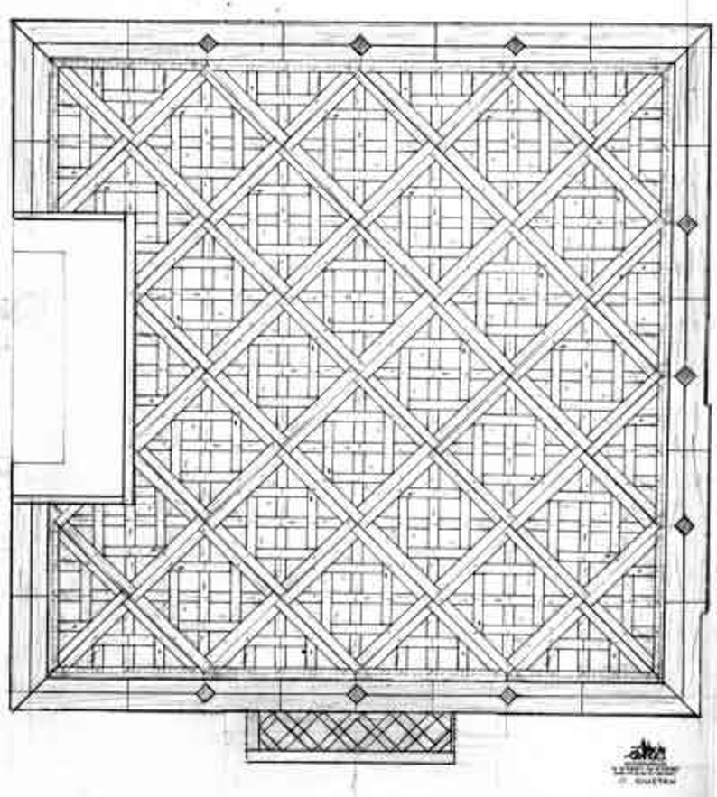 May include: Architectural blueprint of a ceiling design with a lattice pattern. The design features a grid of intersecting wooden beams, creating a diamond-shaped pattern. The blueprint is in black and white, with a rectangular shape and a small rectangular section on the left.