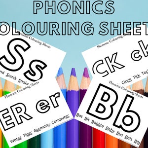 May include: A set of four printable phonics coloring sheets featuring the letters 'S', 'CK', 'ER', and 'B'. Each sheet includes a large letter and a list of words that start with that letter sound.