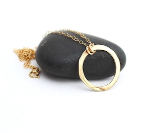 Large Gold Circle Necklace, Hammered Open Circle, Handmade Reversible Pendant