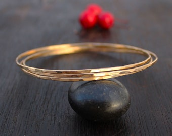 Hammered Gold Bangle, 14k Solid Gold, Thin Stacking Bracelet