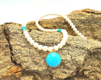 Sleeping Beauty Turquoise Necklace, Pearl Strand, 14k Solid Gold