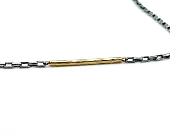 18k Gold Bar Necklace with Oxidized Silver Chain. Silver and Gold Necklace. Mixed Metal.