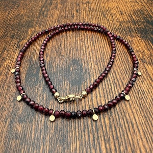 Garnet Necklace Gold. Garnet Beaded Necklace in 14k Solid Gold. Red Garnet Necklace.