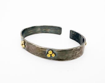 Oxidized Silver Cuff Bracelet: 18k Gold Dot Details, Mixed Metal