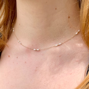 14k Gold Pearl Station Necklace.  Seed Pearl Necklace 14k. Solid Gold Pearl Necklace. Tiny Pearl Necklace Gold. 14k Gold Jewelry Gift